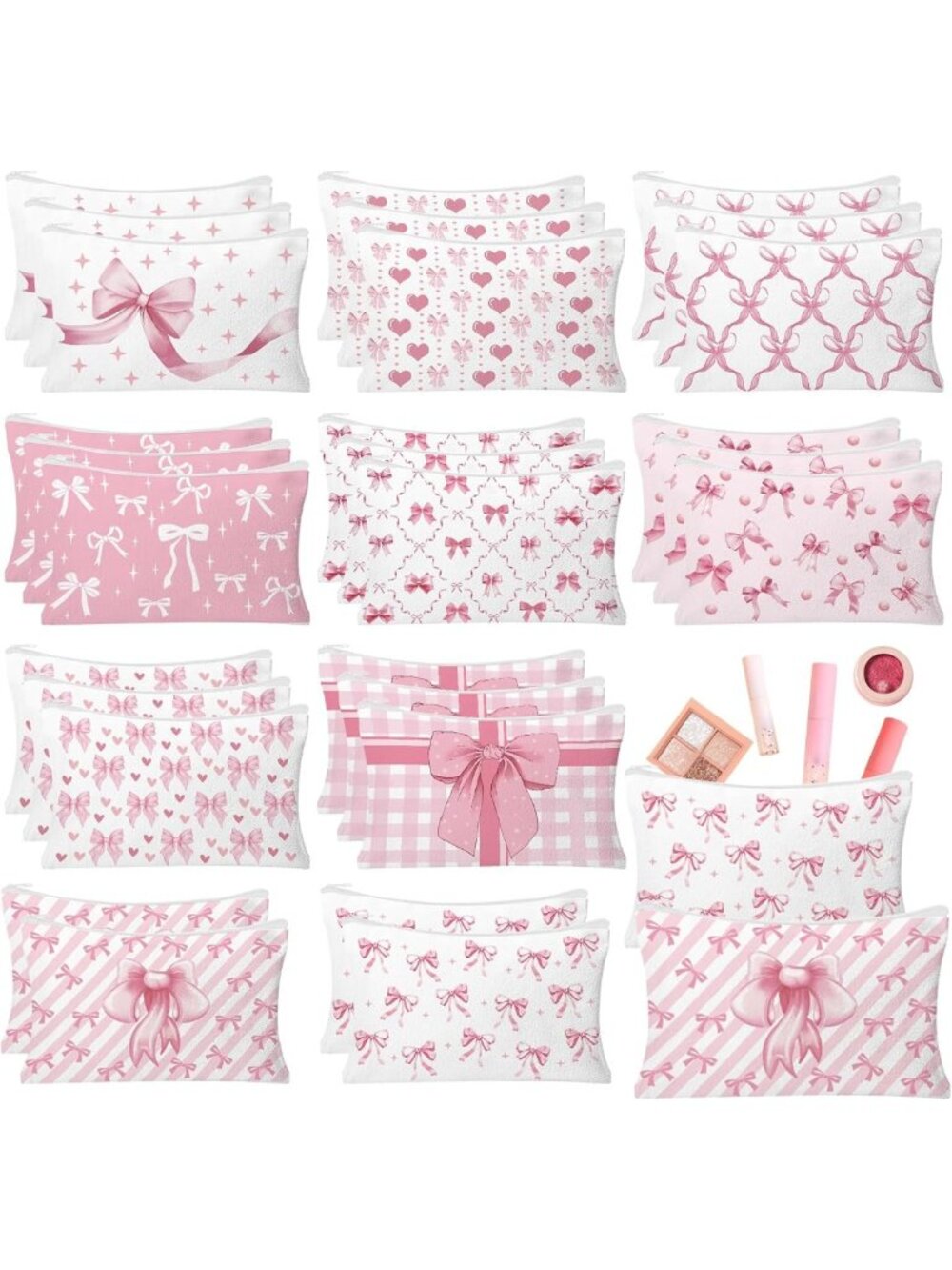 30pcs Pink Bow Cosmetic Bags Set | Cute Makeup Pouches for Women & Girls